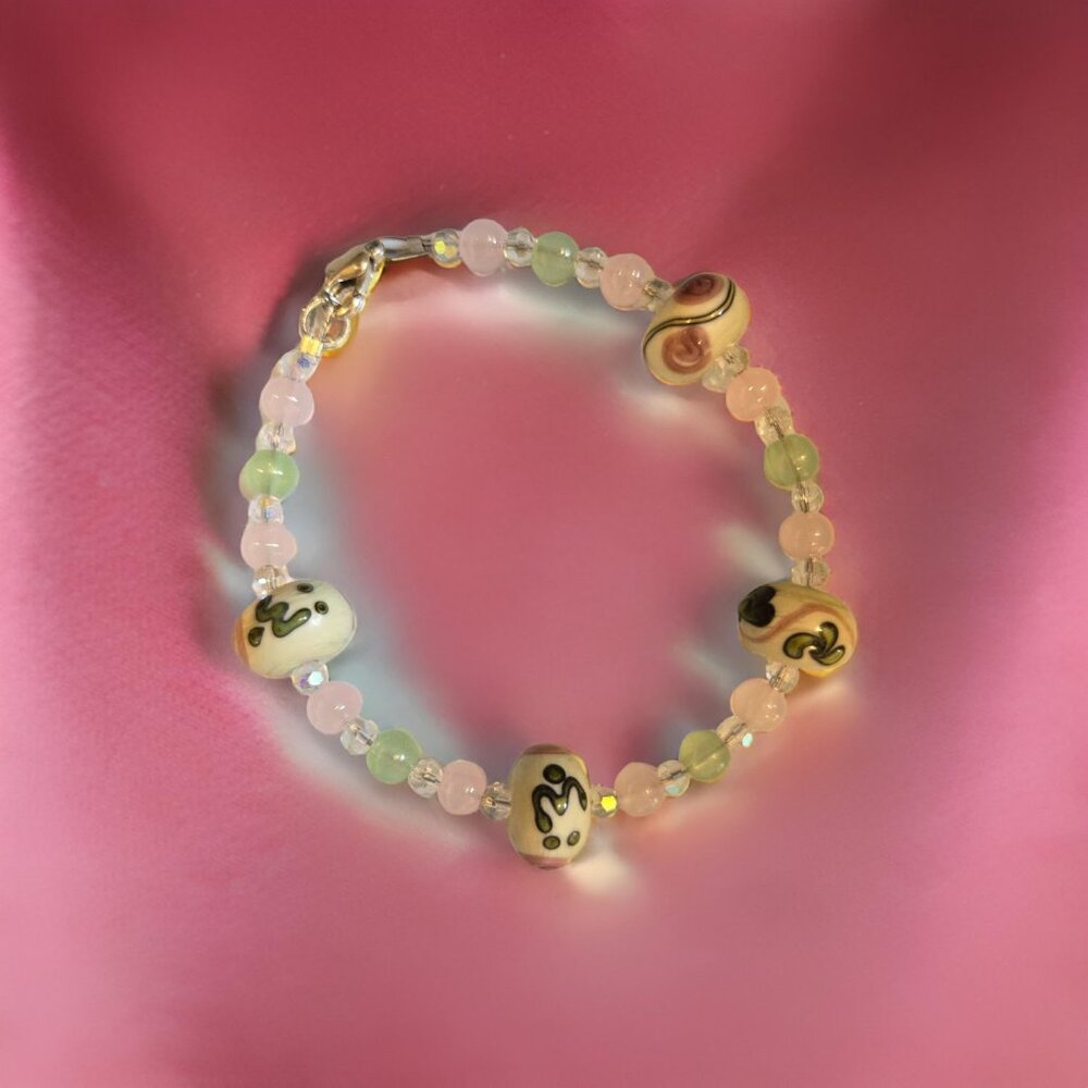 Green Aventurine/Pink crystal w lampwork beads extra long 9 inch bracelet